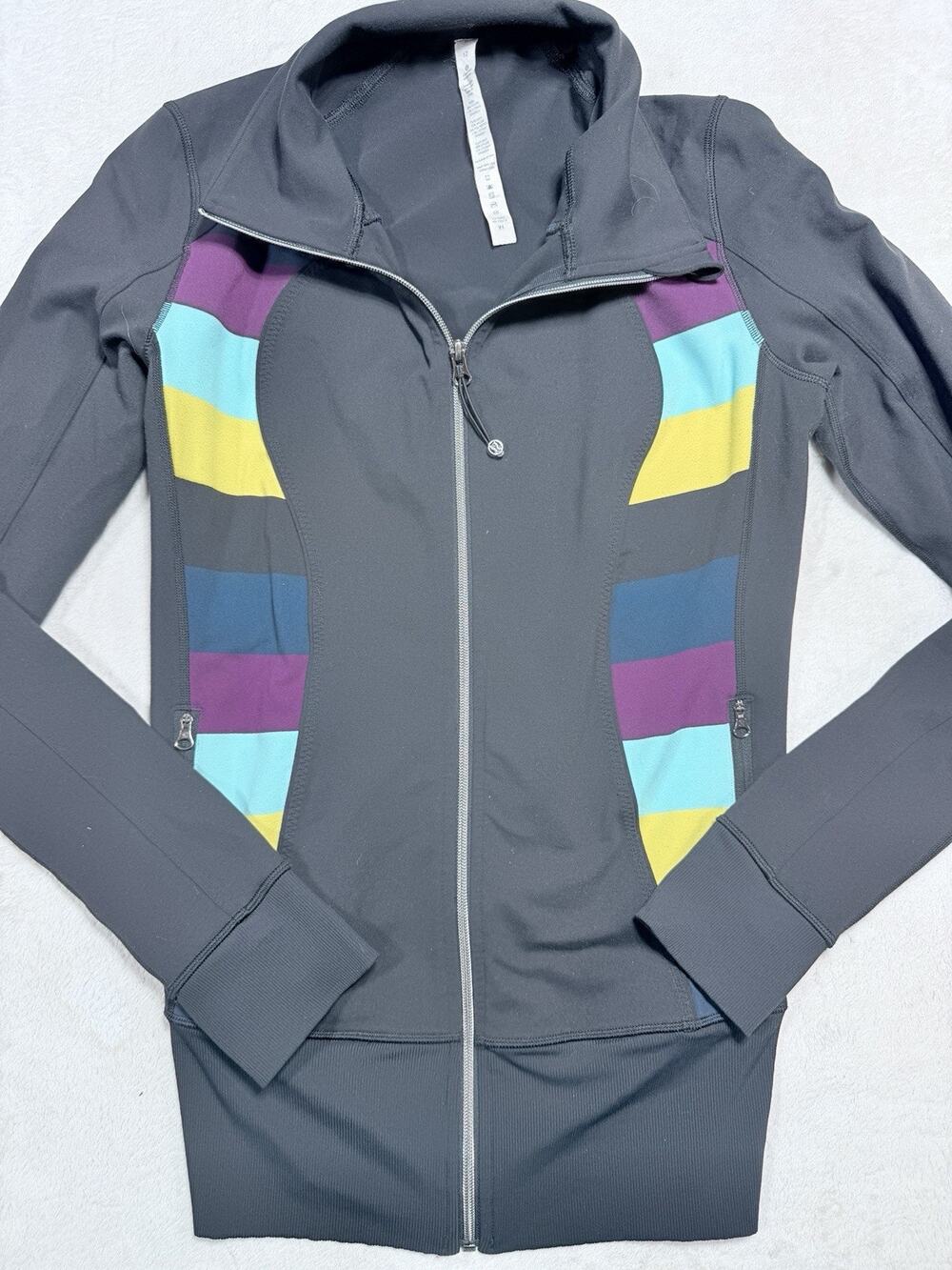 Lululemon Define Jacket Gray Rainbow Stripe Luon Full Zip Running Yoga Size 12